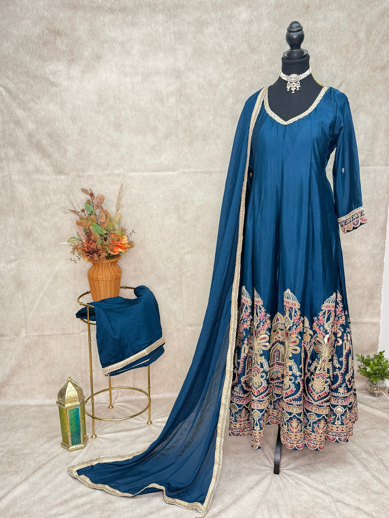 Royal Blue Pure Chinon Anarkali Palazzo Set